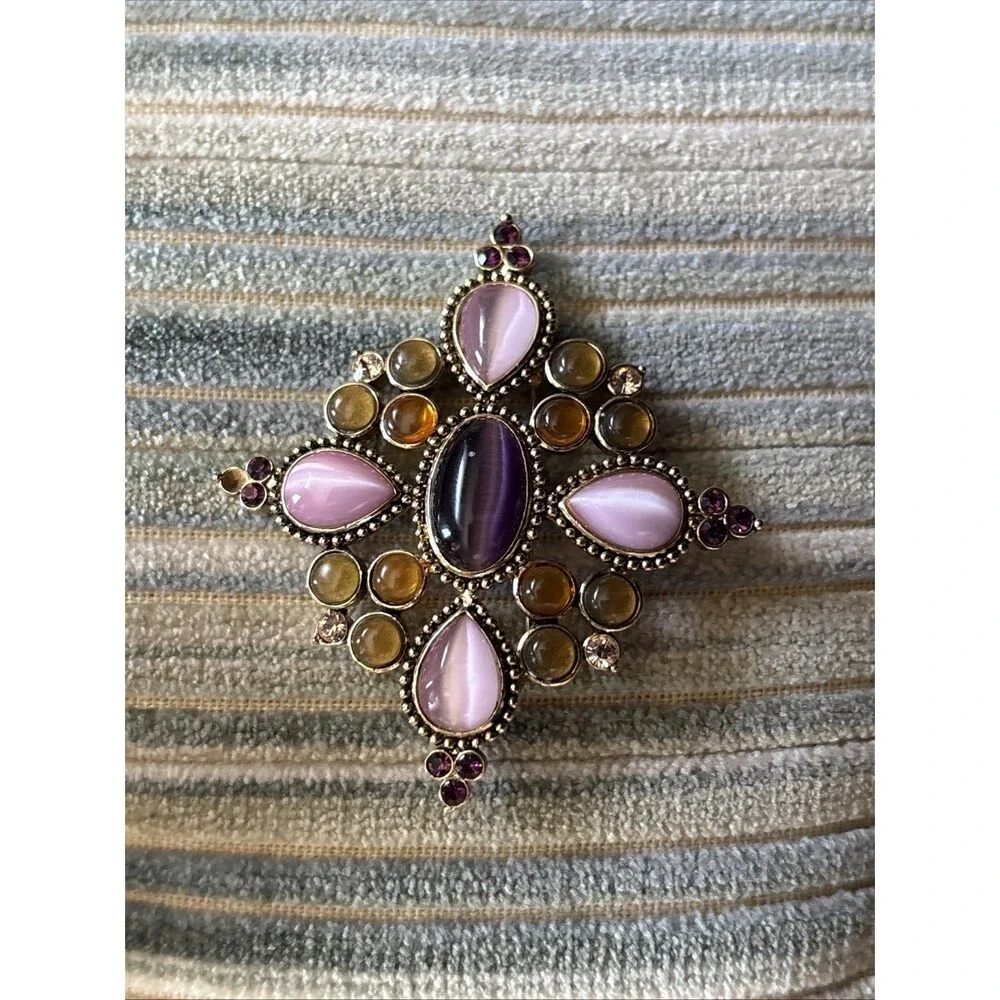 Multicolor Pink Purple Amber Cabochon Gold Brooch Pin Bold Flower Cross Shape
